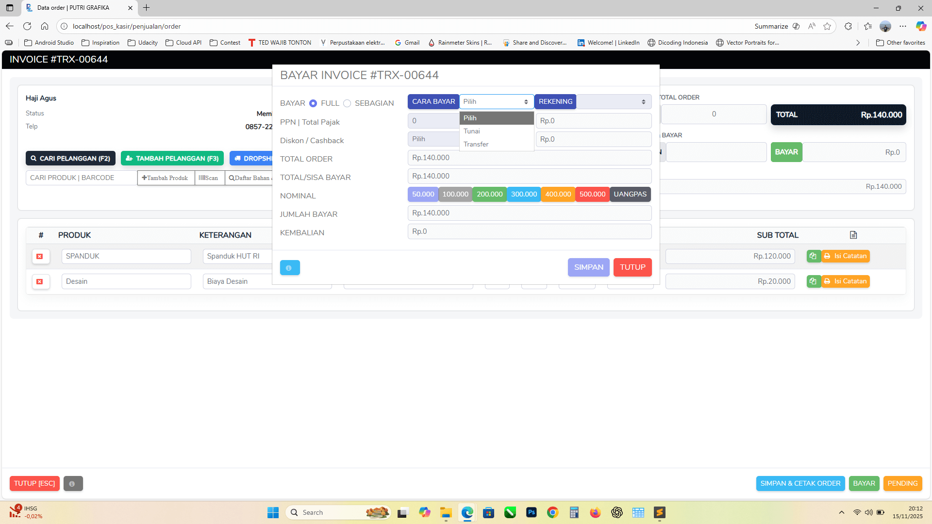 Halaman kasir & input order