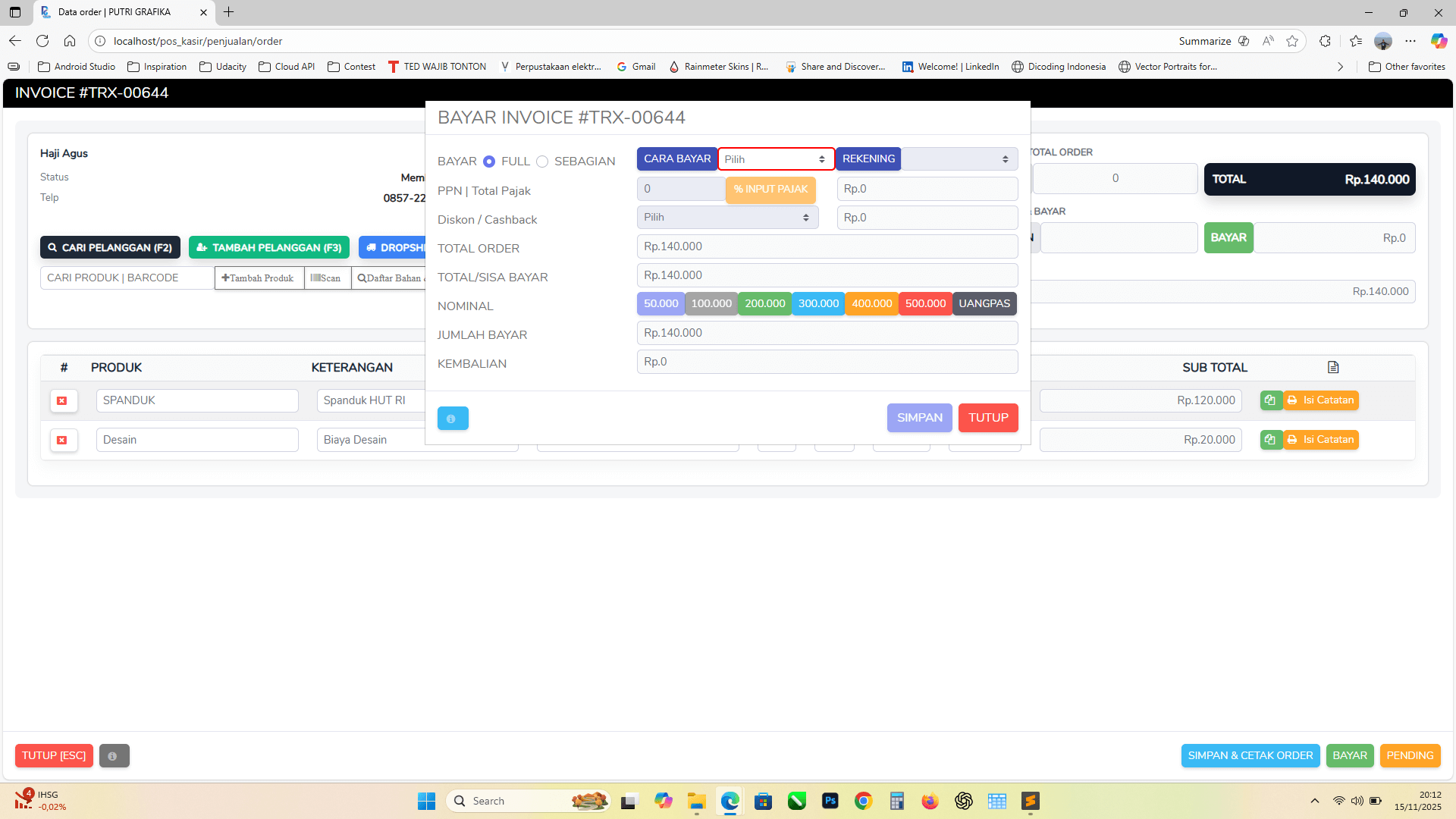 Status pekerjaan desain/proses/cetak